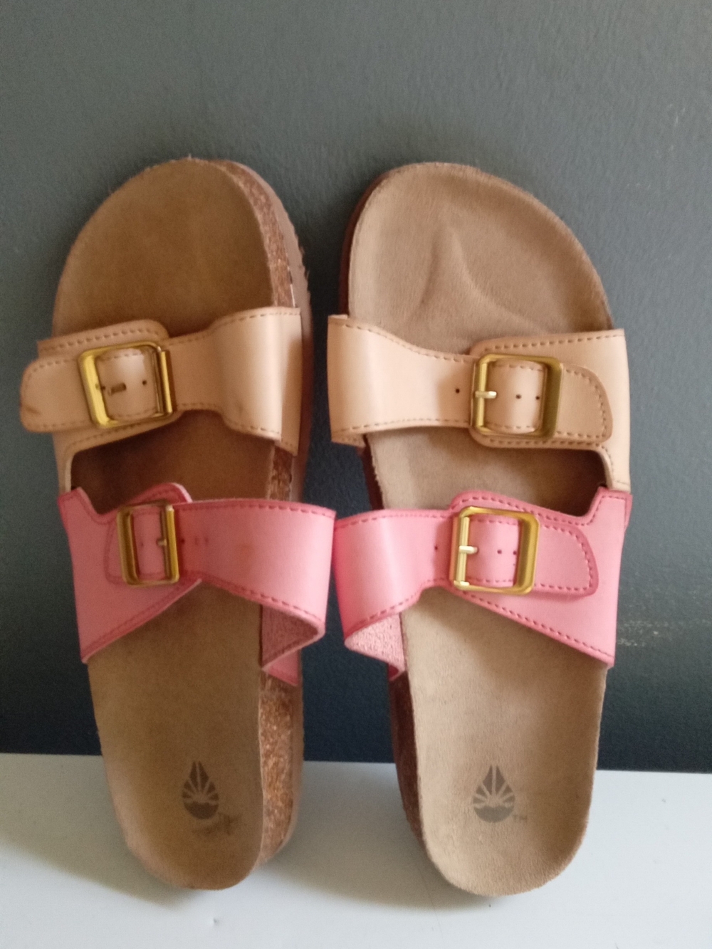 Two Tone Pink Peach Double Buckle Slide Sandals Cork Footbed Casual Summer Shoes - Picture 4 of 4